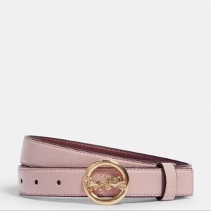 Coach Baby Pink & Red Brown Leather Belt With Gold Tone Carriage & Horse Buckle